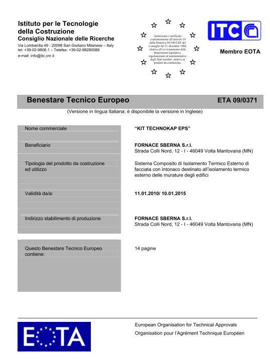Benestare Tecnico Europeo - ETA 09/0371